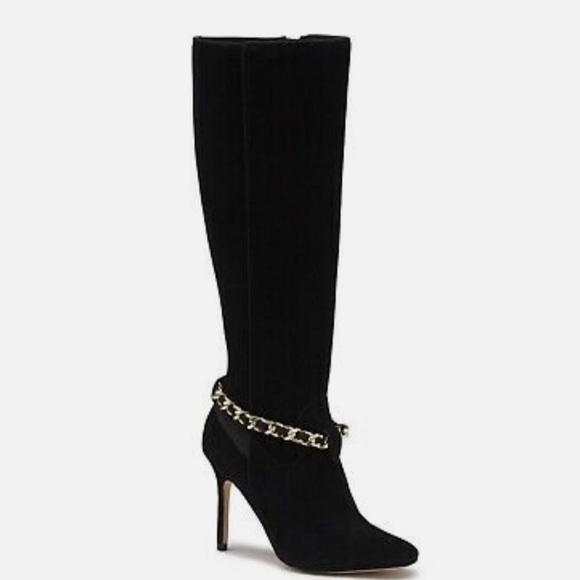 KARL LAGERFELD NWT Black leather suede boots gold chain details SIZE:8.5 - Picture 2 of 7